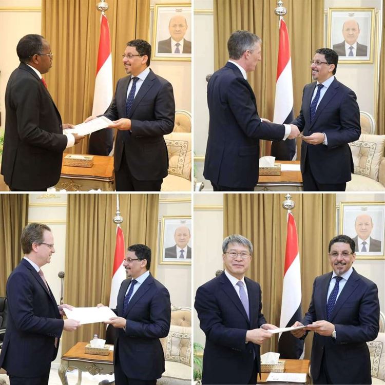وزير الخارجية يتسلم نسخة من أوراق اعتماد سفراء أثيوبيا وكوريا وكندا وإيرلندا لدى اليمن.: