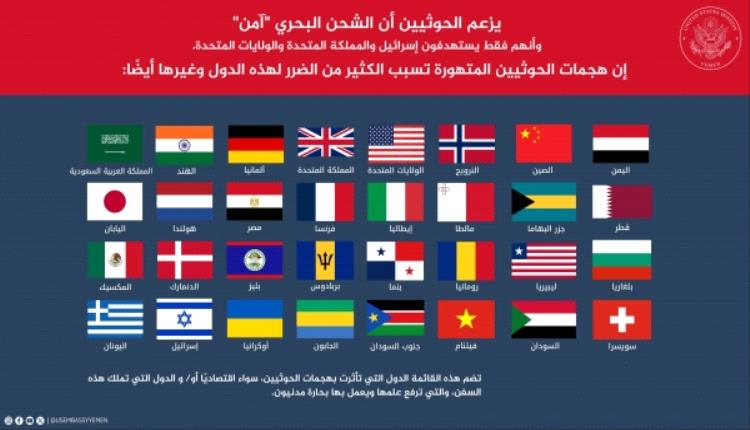 السفارة الأمريكية تنشر قائمة تضم 32 دولة تضررت من هجمات الحوثي

